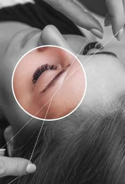 The make-up artist plucks eyebrows with a thread close-up. Women's cosmetol.. Stock Photos