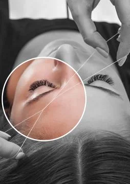 The make-up artist plucks eyebrows with a thread close-up. Women's cosmetol.. Stock Photos