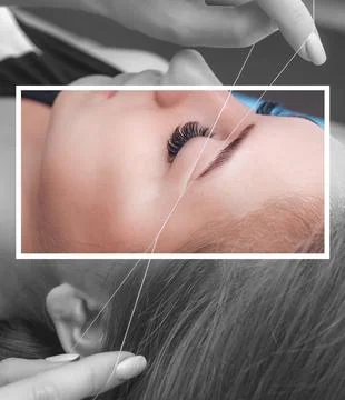 The make-up artist plucks eyebrows with a thread close-up. Women's cosmetol.. Stock Photos