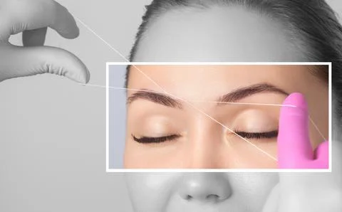 The make-up artist plucks eyebrows with a thread close-up. Women's cosmetol.. Stock Photos