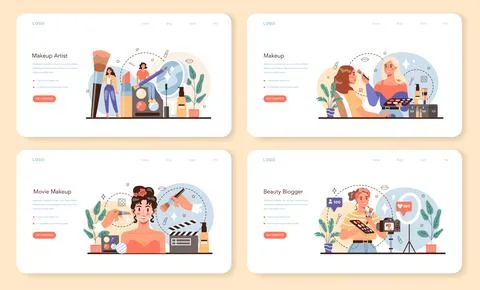Make up artist web banner or landing page set. Professional artist doing Stock Illustration