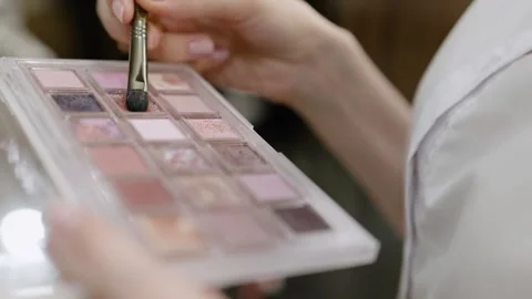 Make-up artist at work. Makeup tools brush and palette for make-up in hands of Vídeos de archivo 310998669