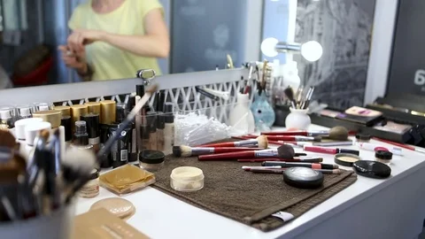 Make-up artist at work. Working visagist. Cosmetic tools.  Stock Footage 77542324