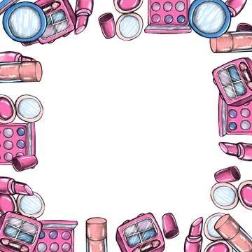 Make up border. Hand drawn beauty background. Frame of cosmetic products Stock Illustration