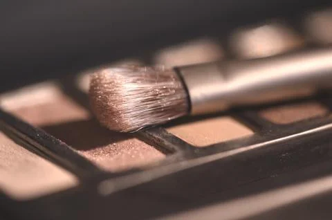 Make up brush on eye shadow palette closeup. Selective focus. Stock Photos