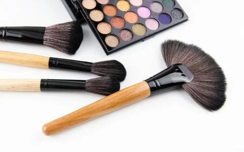 The make up brush set put beside eyeshadow palette,prepare for use,profession Stock Photos