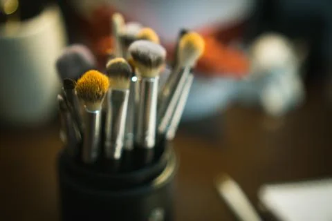 Make-up brushes in a brush holder Stock Photos