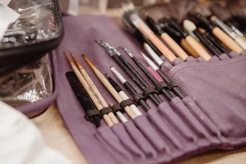 Make up brushes. Cosmetic brushes pallets Stock Photos