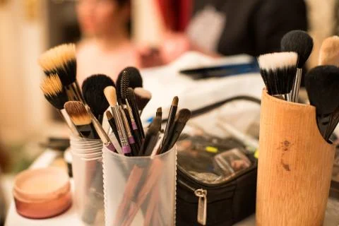 Make-up brushes during work process Stock Photos