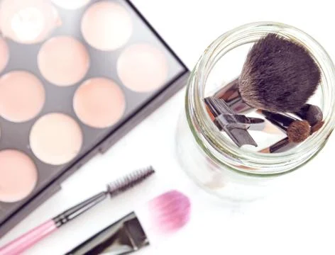 Make Up brushes set and make up colors palette Stock Photos