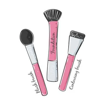 Make up brushes set in pink color, handdrawn style. Vector illustration. Stock Illustration