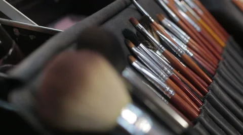 Make-up brushes on table. Brush set for make-up Stock Footage 45791922