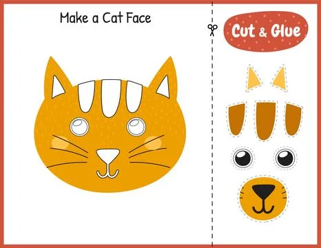 Make a cat face funny game for kids. Cut and glue educational activity page Stock Illustration
