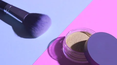 Make up concept. Top view of Makeup brush with face powder Stock Footage 132880479