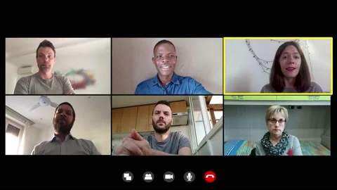 Make conversation from a distance - a group of friends talking on video call Video stock 138797501
