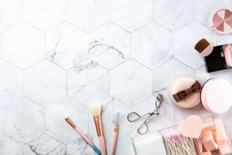 Make up cosmetic flat lay top view on the tile marble white color look clean  Stock Photos