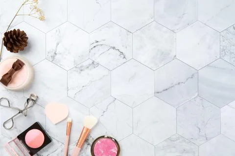 Make up cosmetic flat lay top view on the tile marble white color look clean  Stock Photos