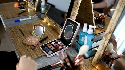 Make-up cosmetics on the table, make-up workshops Stock Footage 121040676