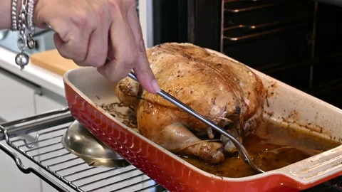 Make delicious roast chicken in the oven. basting it with its broth Stock Footage 217973070