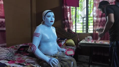 Make up of devotee to become Shiva at Lal Kach festival, Munshiganj, Bangladesh Stock Footage 310745056