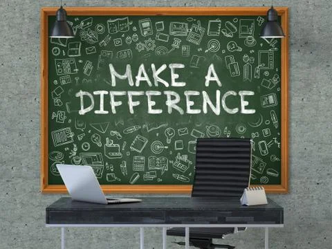 Make a Difference on Chalkboard with Doodle Icons. 3D Render Stock Illustration