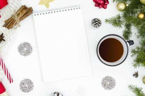Make to do list for new year. Notebook among new year decorations on white Stock Photos