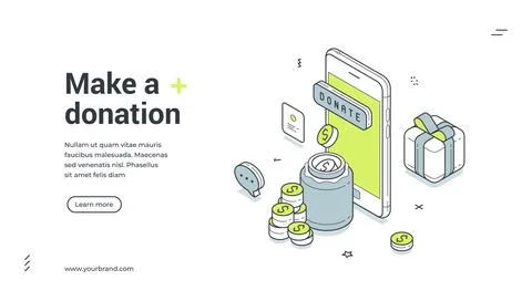 Make donation charity mobile app service isometric web banner design template Stock Illustration