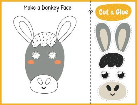 Make a donkey face funny game for kids. Cut and glue educational activity page Stock Illustration