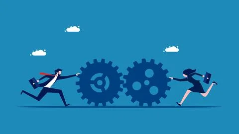 Make an effort together. Two businessmen pushing gears Stock Illustration