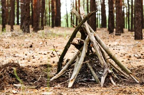Make the fire in nature. campfire preparation Stock Photos