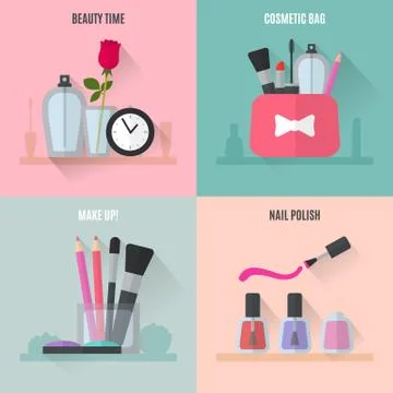 Make up flat icons. Square composition banners Ilustração Stock