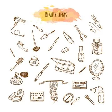 Make up hand drawn set. Doodle beauty items Stock Illustration