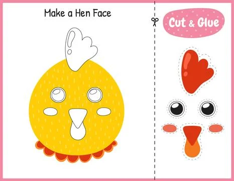 Make a hen face funny game for kids. Cut and glue educational activity page Stock Illustration