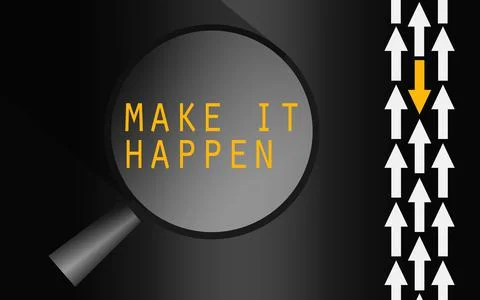 Make it happen word with yellow arrow Stock Illustration