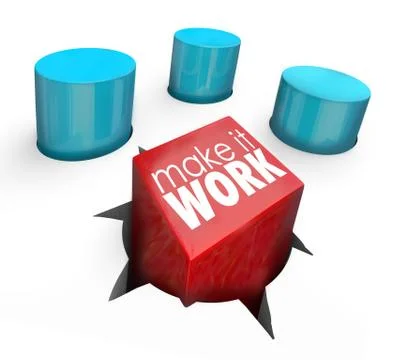 Make it work force fit challenge solution square peg round hole Stock Illustration