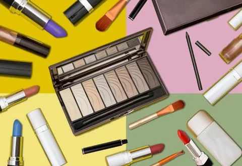 Make items collage on multi color background Stock Photos