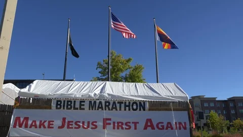 Make Jesus First Again banner at a religious event Stock Footage 95911577
