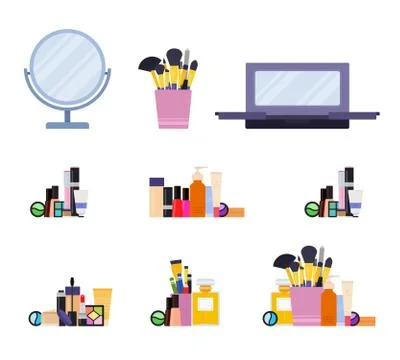 Make up kit. Vector flat illustrations. Set of different cosmetic products for Stock Illustration