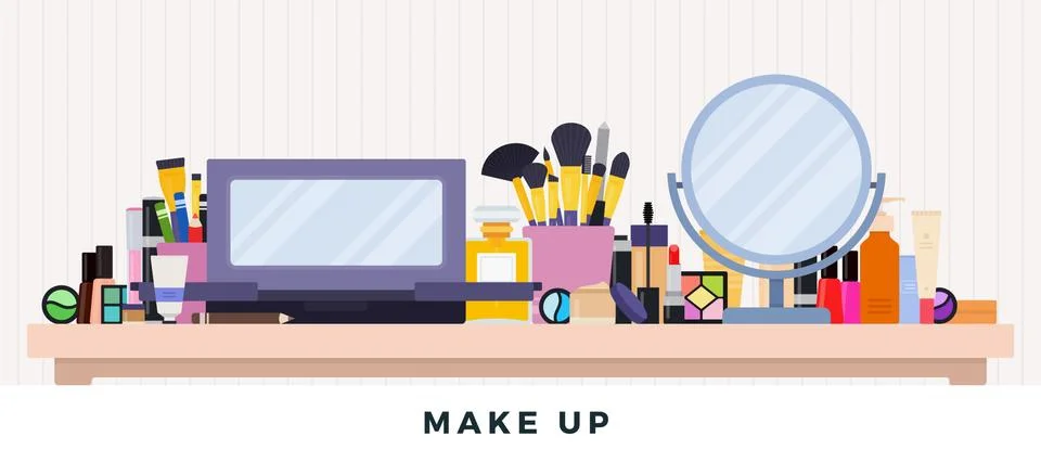 Make up kit. Vector flat illustrations. Decorative cosmetics on the table Stock Illustration