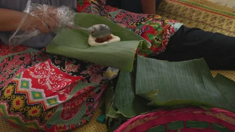 Make lemper abon sapi, Lemper shredded beef Stock Footage 221422449