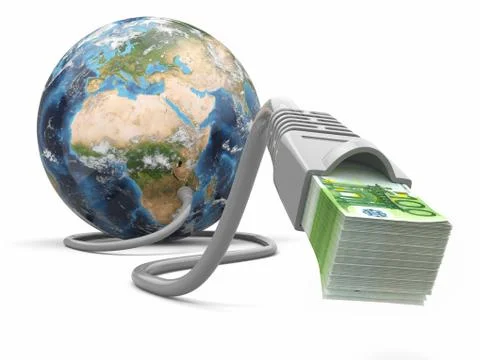 Make money online. concept. earth and internet cable with money. 3d Stockillustratie