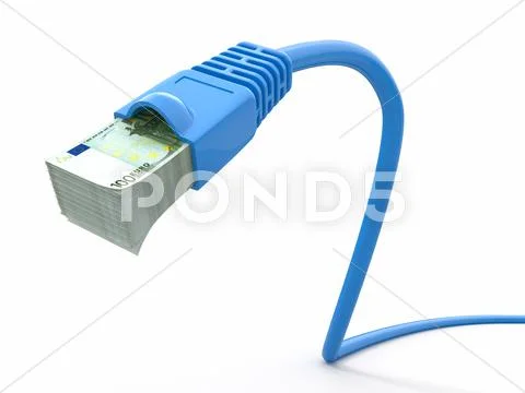 Make money online. concept. internet cable with euro. 3d Stock Illustration
