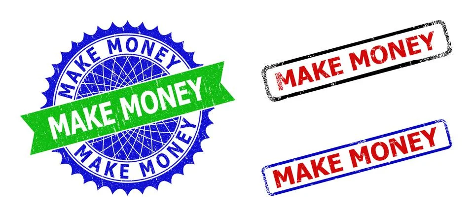 MAKE MONEY Rosette and Rectangle Bicolor Seals with Unclean Textures Stock Illustration
