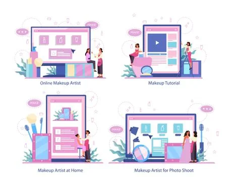 Make up online service on differernt device set. Online video tutorial Stock Illustration
