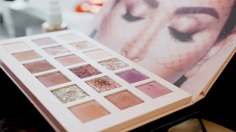 Make up palette set close-up.. Professional multicolor eyeshadow palette. Makeup Stock Footage 131752415