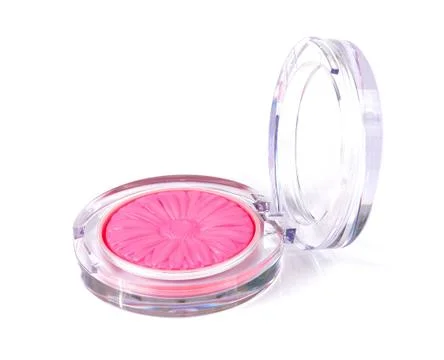 Make-up pink powder in plastic box isolated on white Stock Photos