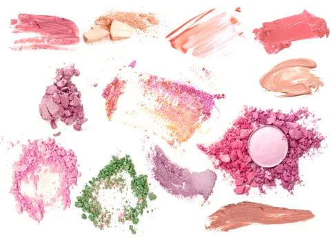 Make up powder foundation set and lipstick smeared isolate collection. Stock Photos