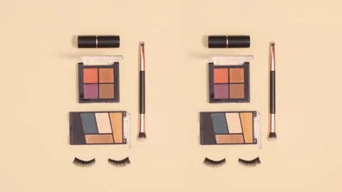 Make up products appear in to sides on beige background. Stop motion 스톡 동영상 150836081