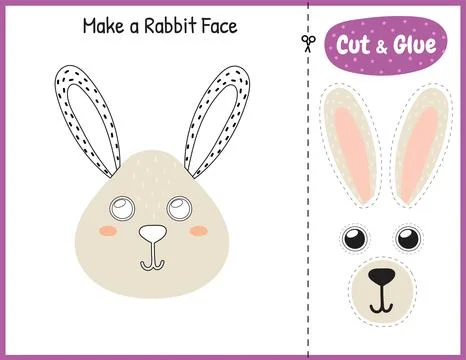 Make a rabbit face funny game for kids. Cut and glue educational activity page Stock Illustration