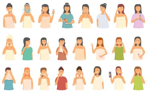 Make-up removal icons set cartoon vector. Face beauty Stock Illustration